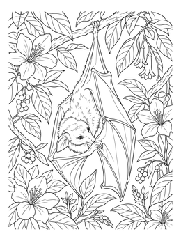 Detailed bat coloring page featuring a fruit bat roosting upside down surrounded by blossoms and leaves.
