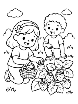 A cheerful fruit coloring page showing two kids picking ripe strawberries in a garden basket.