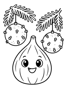 A smiling fig below hanging clove pomanders in this fruit coloring page.