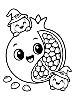 A smiling pomegranate with cute witch hat pumpkins in this fruit coloring page.
