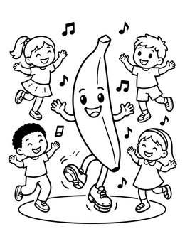 Free printable Dancing Banana With Happy Kids coloring page