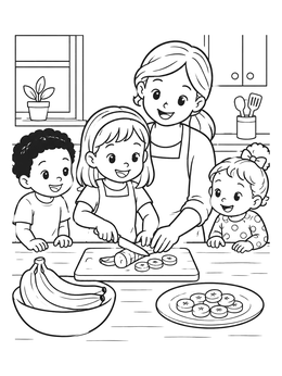 Free printable Family Slicing Bananas In The Kitchen coloring page