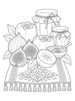 Detailed fruit coloring page featuring sliced figs, persimmons, and honey jars on an ornate runner.