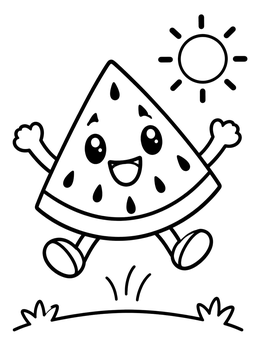 Free printable Happy Jumping Watermelon Slice coloring page