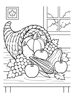 A harvest horn overflowing with pumpkins, corn, and apples on this fruit coloring page.