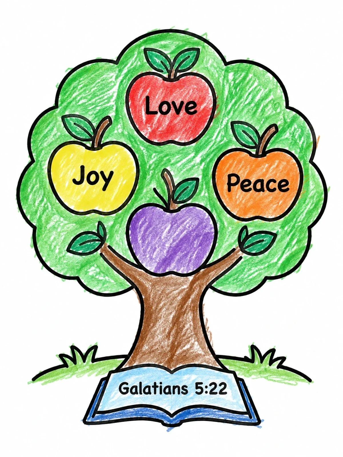Colored example of the Fruit Of The Spirit Apple Tree coloring page