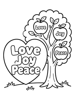 An apple tree and big heart in this fruit of the spirit coloring page.