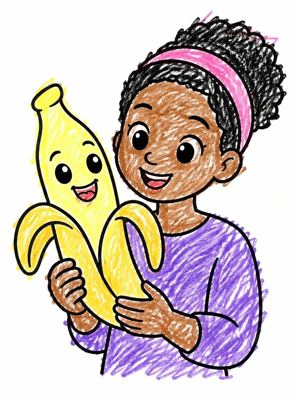 Colored example of the Happy Child Holding A Smiling Banana coloring page