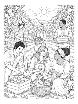 A cheerful fruit of the spirit coloring page showing diverse people harvesting apples in an orchard.
