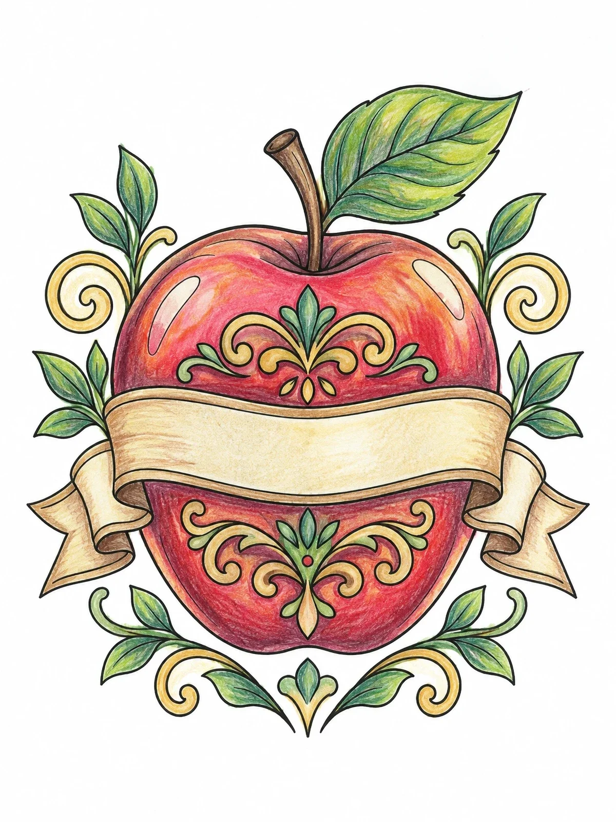 Colored example of the Decorative Apple With Ribbon Banner coloring page
