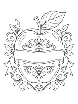 An ornate apple design serves as a fruit of the spirit coloring page with an open ribbon.