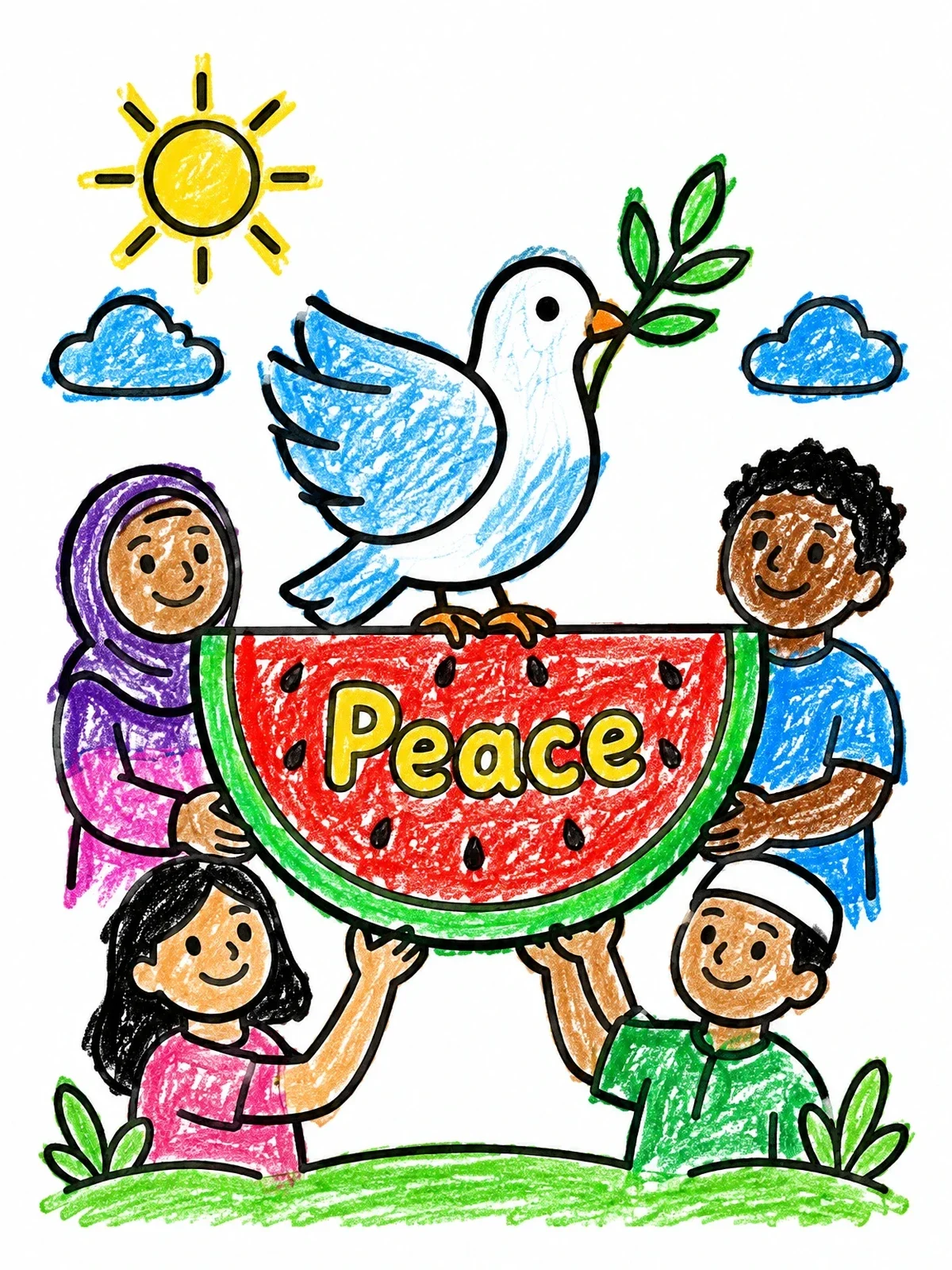 Colored example of the Dove And Watermelon Of Peace coloring page