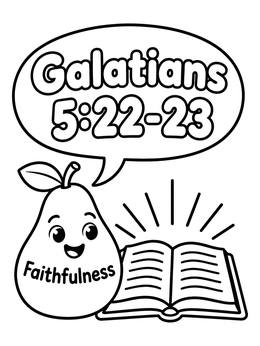A cheerful fruit of the spirit coloring page featuring a faithfulness pear next to a glowing open Bible.