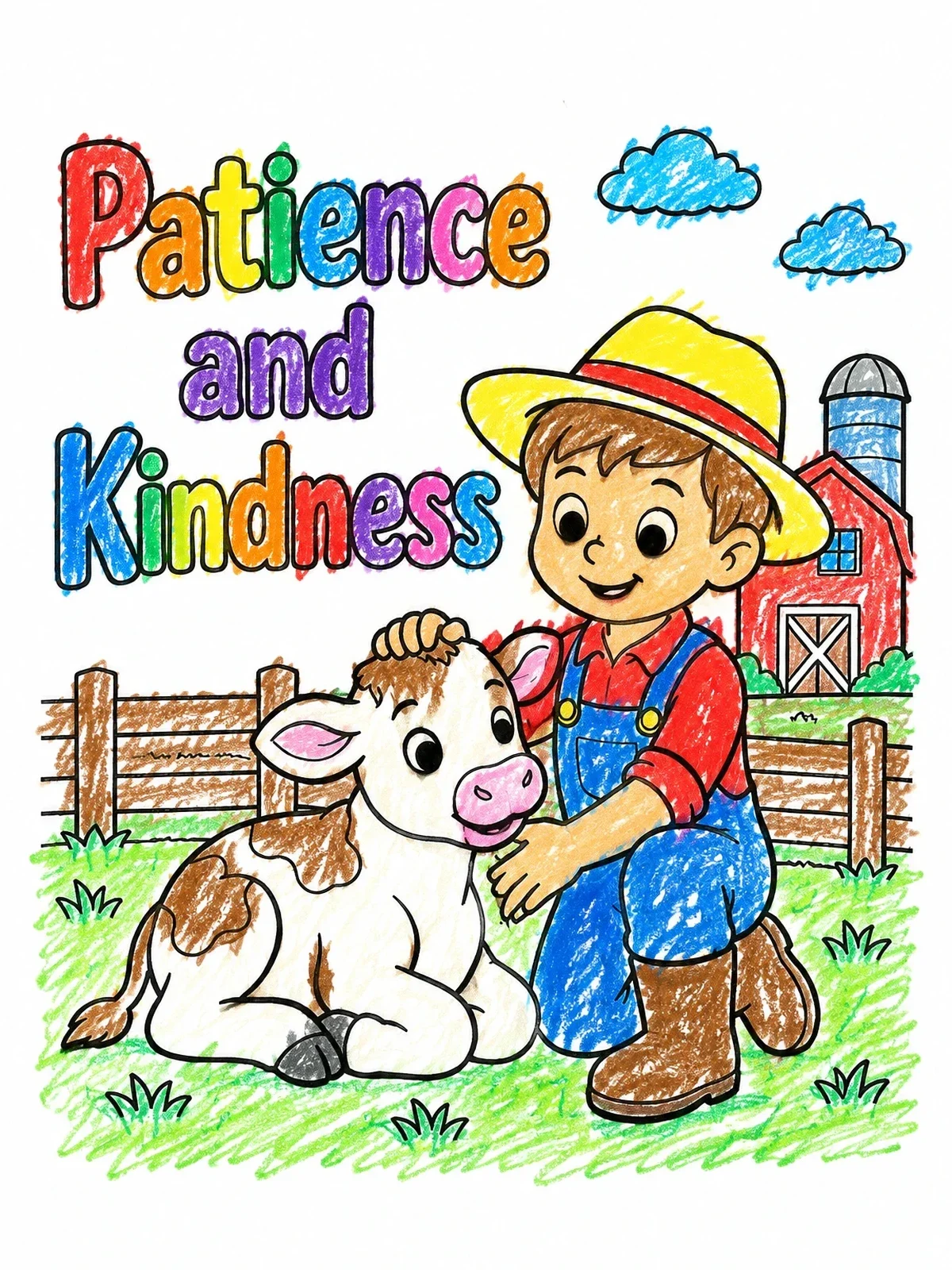 Colored example of the Farmer Boy With Calf Patience Kindness coloring page