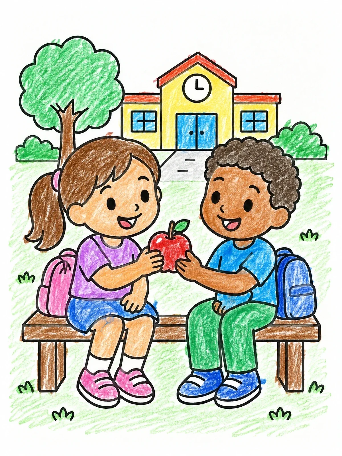 Colored example of the Children Sharing Apple At School coloring page