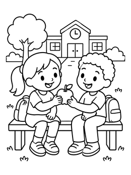 Two smiling kids share an apple outside in this fruit of the spirit coloring page.