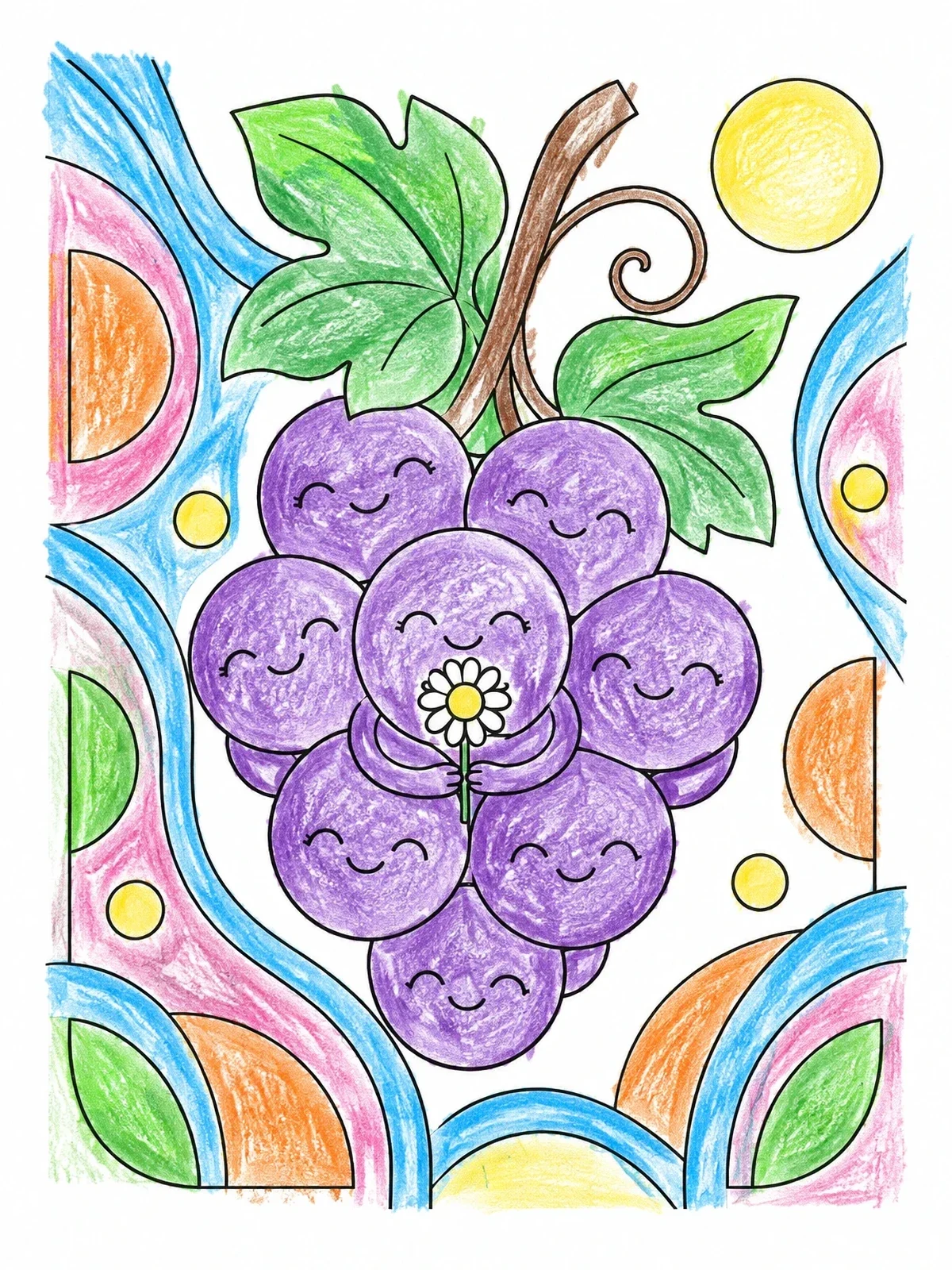 Colored example of the Smiling Grapes Holding A Flower coloring page