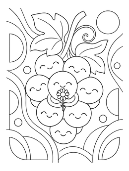 A cheerful fruit of the spirit coloring page featuring smiling grapes holding a small flower.