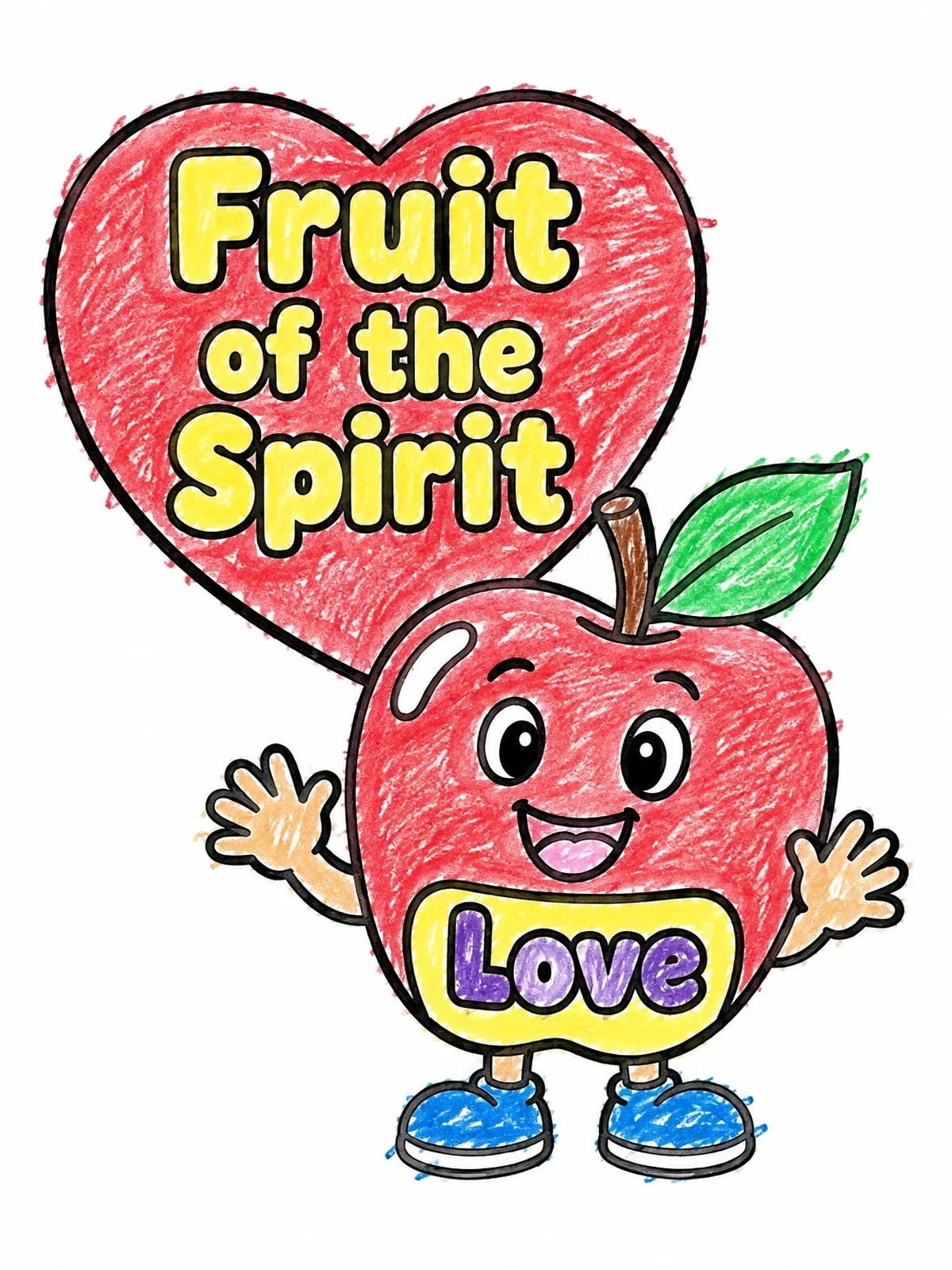 Colored example of the Happy Love Apple Fruit Of The Spirit coloring page