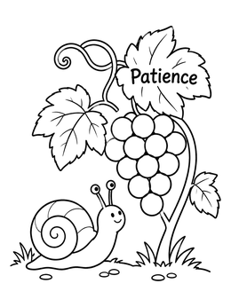 A cheerful fruit of the spirit coloring page featuring a snail crawling near a grape vine labeled patience.