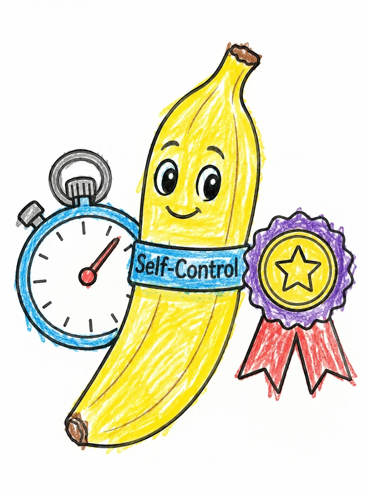 Colored example of the Self Control Banana With Stopwatch And Ribbon coloring page