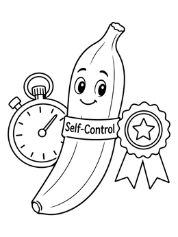 A smiling banana labeled Self-Control on this fruit of the spirit coloring page with a stopwatch and award ribbon.