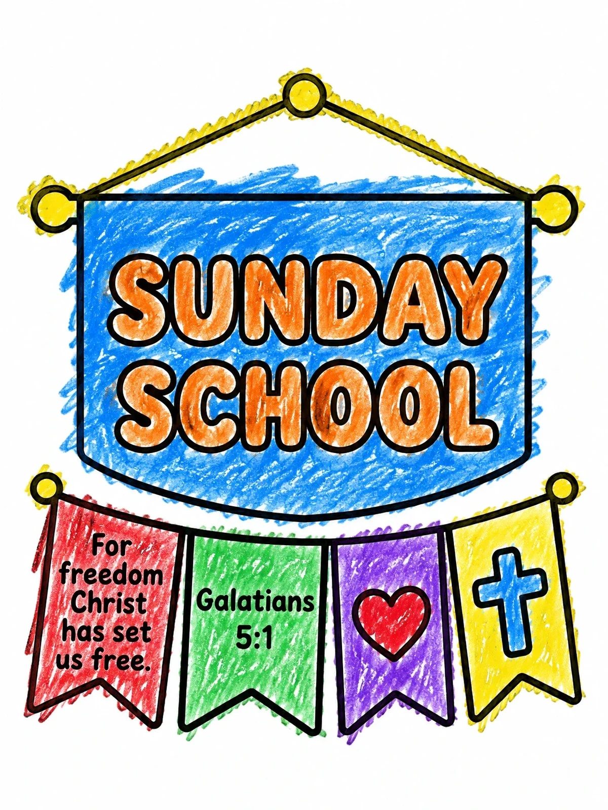 Colored example of the Sunday School Galatians Pennant Banners coloring page