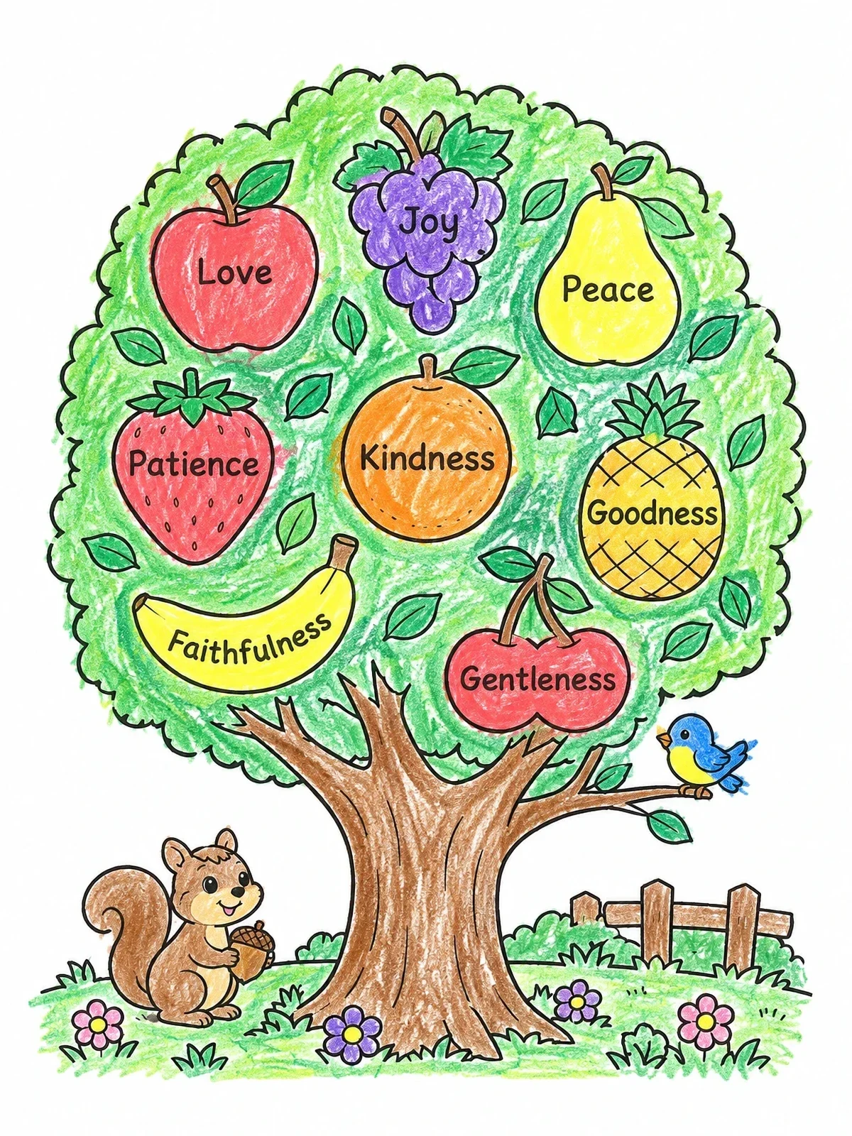 Colored example of the Fruit Of The Spirit Tree With Friendly Woodland Animals coloring page