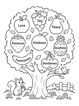 A fruit of the spirit coloring page featuring a large tree with labeled fruits, a squirrel, and a little bird.
