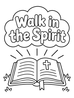 An inspiring fruit of the spirit coloring page featuring an open Bible and cloud text.