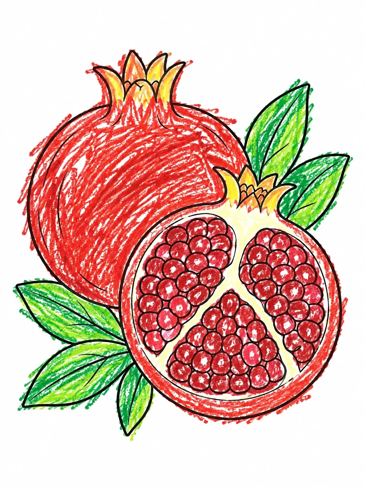 Colored example of the Whole And Cut Pomegranate With Seeds coloring page