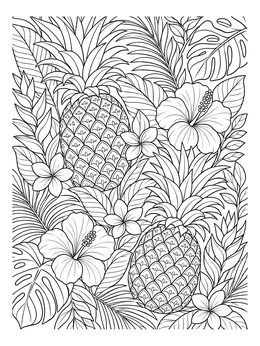 An intricate fruit coloring page with detailed pineapples, hibiscus flowers, and lush palm leaves.