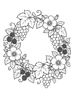 A detailed fruit coloring page showing a circular wreath of grapes, blackberries, and wild roses.