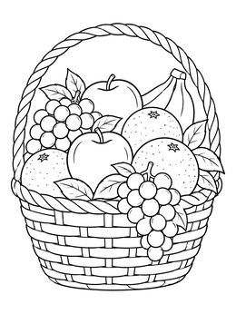 A detailed fruit coloring page showing a woven basket filled with apples, oranges, and grapes.