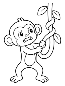 A determined little monkey coloring page showing him pulling on a tangled vine.