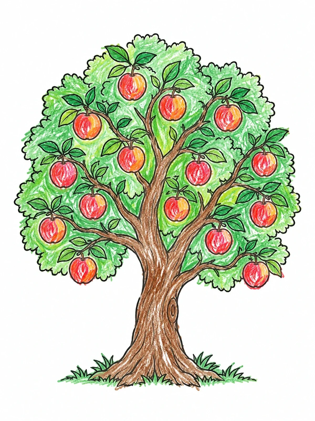 Colored example of the Full Apple Tree With Hanging Fruit coloring page
