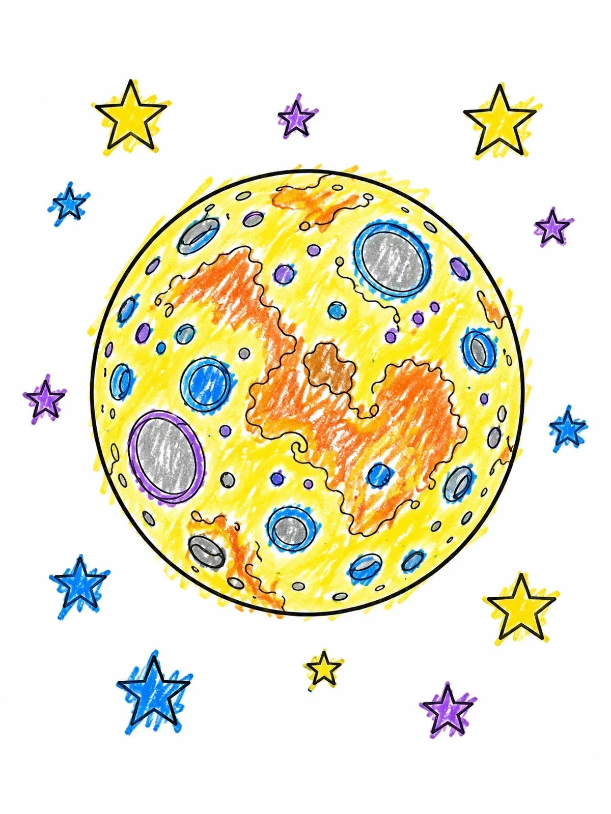 Colored example of the Full Moon With Detailed Craters And Stars coloring page