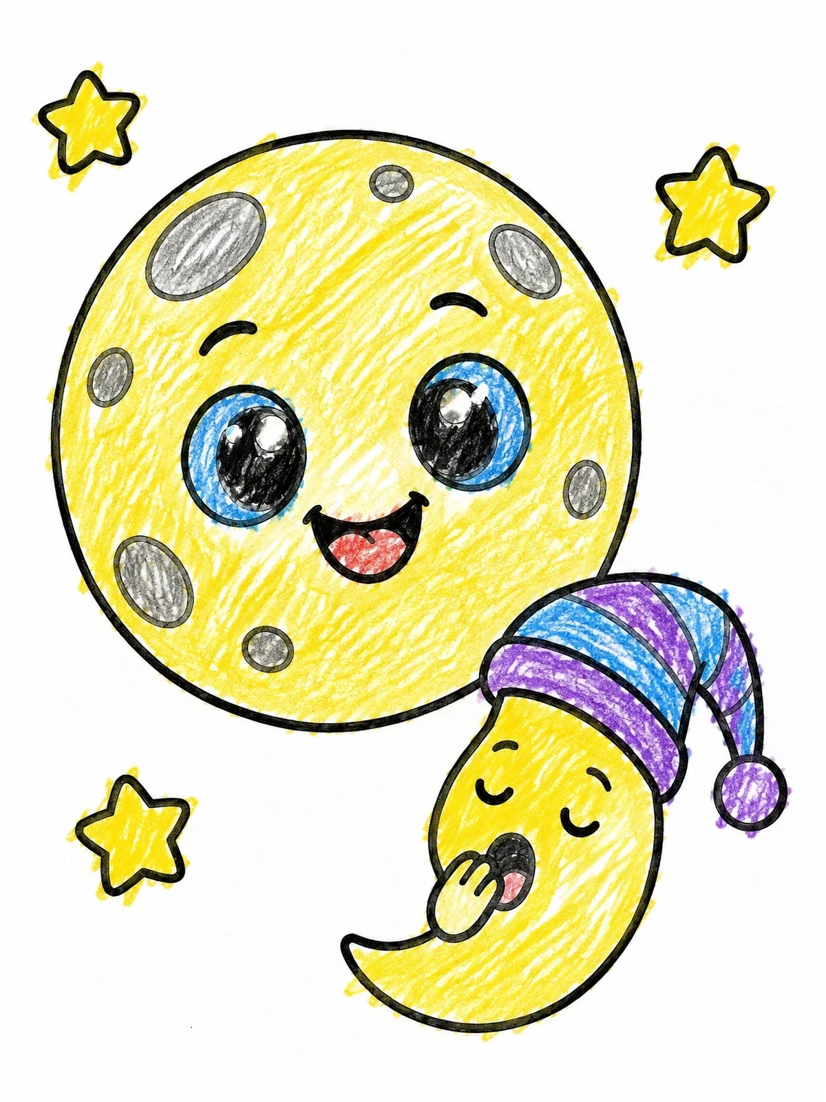 Colored example of the Full Moon And Sleepy Crescent coloring page