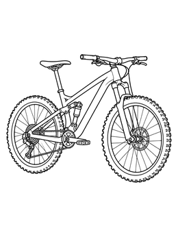 A detailed full suspension bike coloring page with knobby tires and disc brakes.