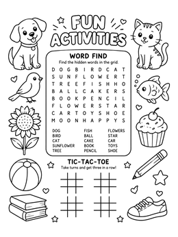 Activity placemat coloring page featuring cute animals, a word search puzzle, and tic-tac-toe games.