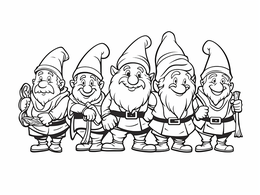 Seven Smiling Dwarfs To Color - Coloring Page