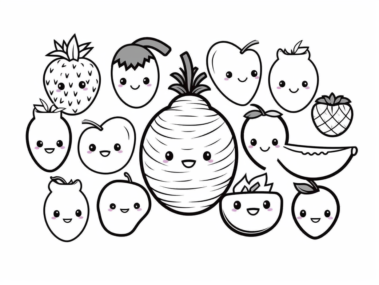 Fun Kawaii Fruit Coloring For Kids - Coloring Page