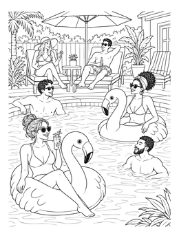 Friends relaxing in a backyard pool with flamingo floaties in this funny coloring page.