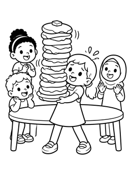 A funny coloring page of a girl balancing a huge tower of pancakes while her friends watch excitedly.
