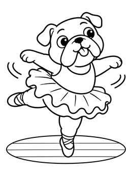 A funny coloring page of a cute bulldog dancing ballet in a ruffled tutu.