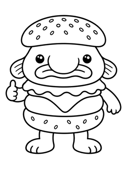 A funny blobfish coloring page dressed as a cheeseburger giving a thumbs up.