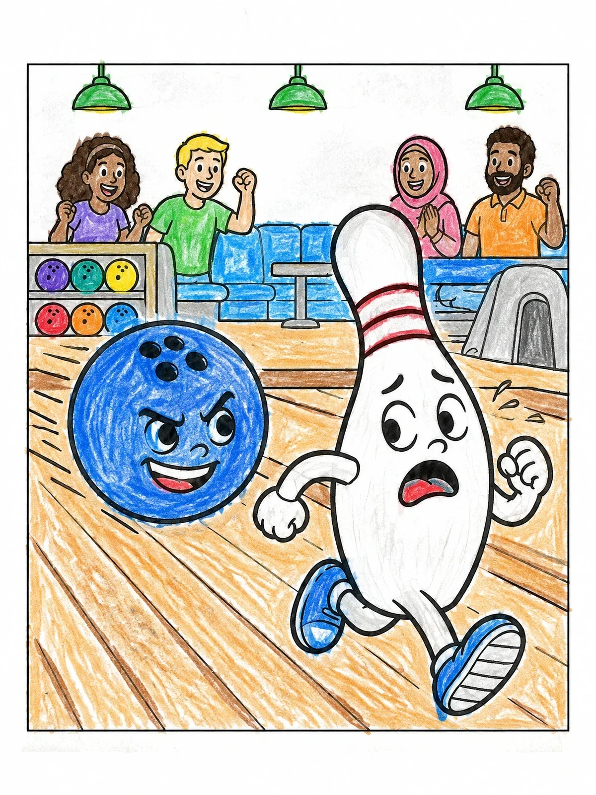 Colored example of the Funny Bowling Ball Chasing Pin coloring page