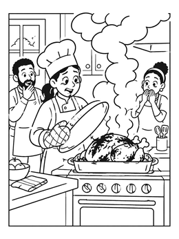 A chef unveils a smoking burnt roast turkey in this funny coloring page.