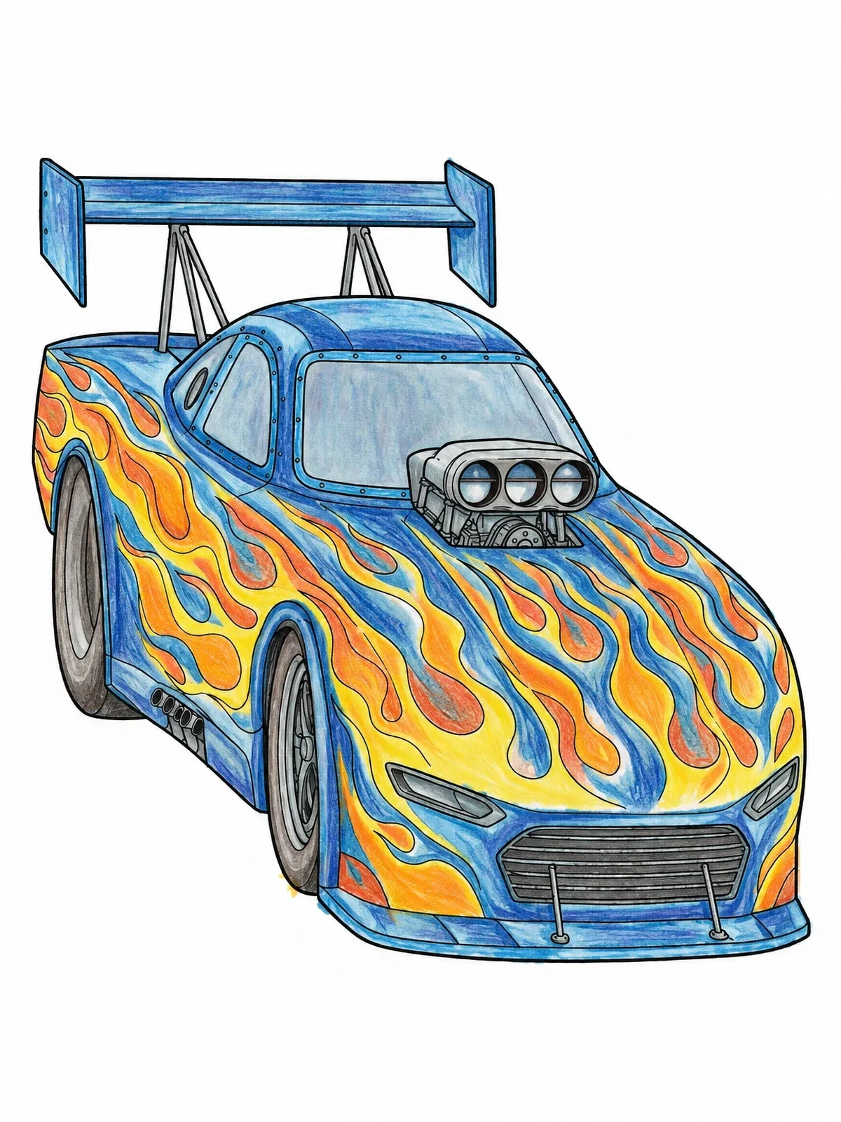 Colored example of the Funny Car Dragster With Flame Decals coloring page