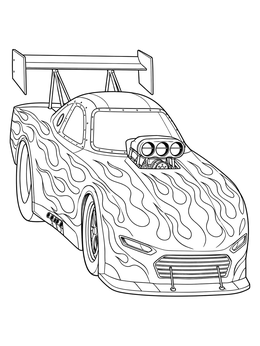 A streamlined funny car dragster coloring page detailed with fiery flame patterns and a large rear wing.